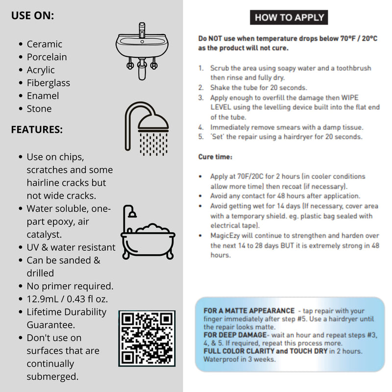 MagicEzy Bath & Sink RepairEzy - (White) - Porcelain Bath Repair Kit - Easy Bathtub Chip Repair - Enamel Sink Chip Repair - Fiberglass Shower Repair -Bathroom Crack Filler White