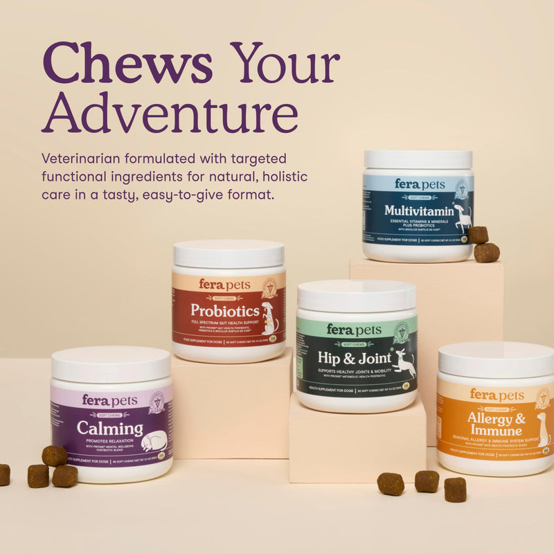 Fera Pets Dog Calming Chews - Helps Manage Everyday Stress & Separation - Promotes Relaxation - Ashwagandha & Priome® Mental Wellbeing Postbiotic Blend - 90 Soft Chews 90 Chews
