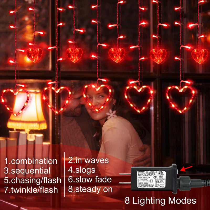 Valentine's Day Red Curtain Lights with 12 Hearts，138 LED Heart-shaped String Lights 8 Lighting Modes，Plug in Waterproof Valentines Day Lights for Indoor Outdoor Party Wedding Valentine's Day Decor