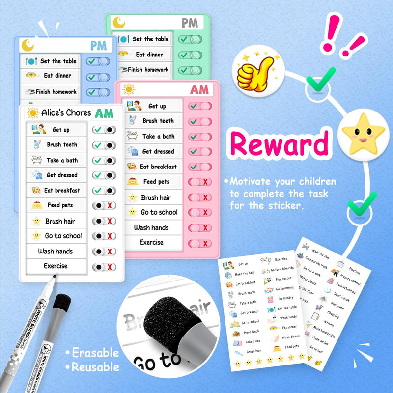 4 Pcs Chore Chart for Kids, Morning/Bedtime Routine Chart, Dry Erase to Do List, Magnetic Checklist, Visual Schedule for Kids (whitepinkbluegreen) Whitepinkbluegreen