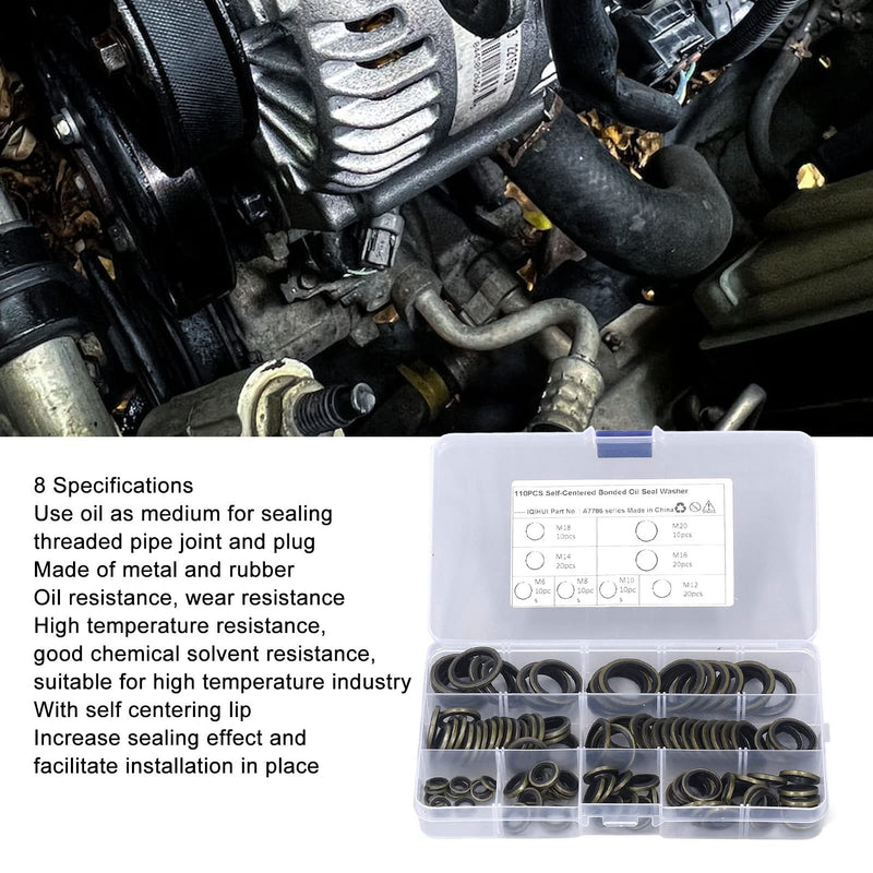 Bonded Seal Washer, Crush Washer for Crush Washer Oil Drain Plug, 110 PCS Oil Plug Gasket, NBR Metric Metal Automotive Sealing Washers Assortment Kit of Crush Washer Assortment M6-M20