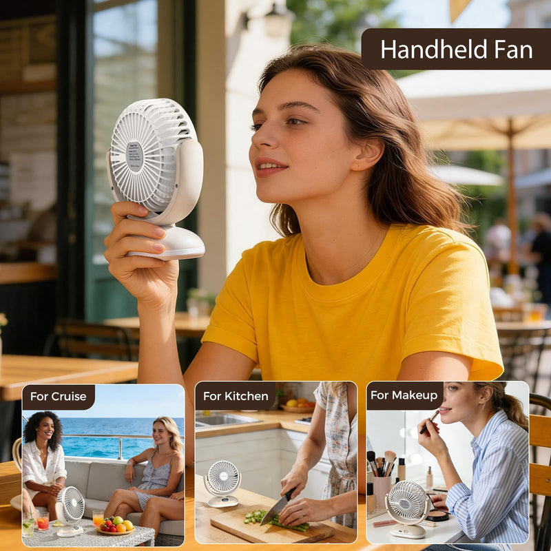 TriPole Desk Fan Small Quiet, Rechargeable Mini Portable Fan with LED Light Beige