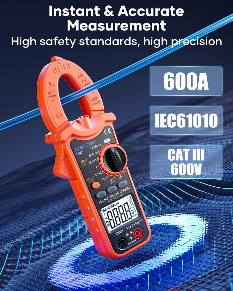 Crenova Digital Clamp Meter, TRMS Clamp Multimeter, 6000 Counts Amp Tester for AC/DC Current/Voltage, Resistance, Capacitance, Frequency, Duty Cycle, Temperature Continuity, Diode, NCV, Live Wire Test