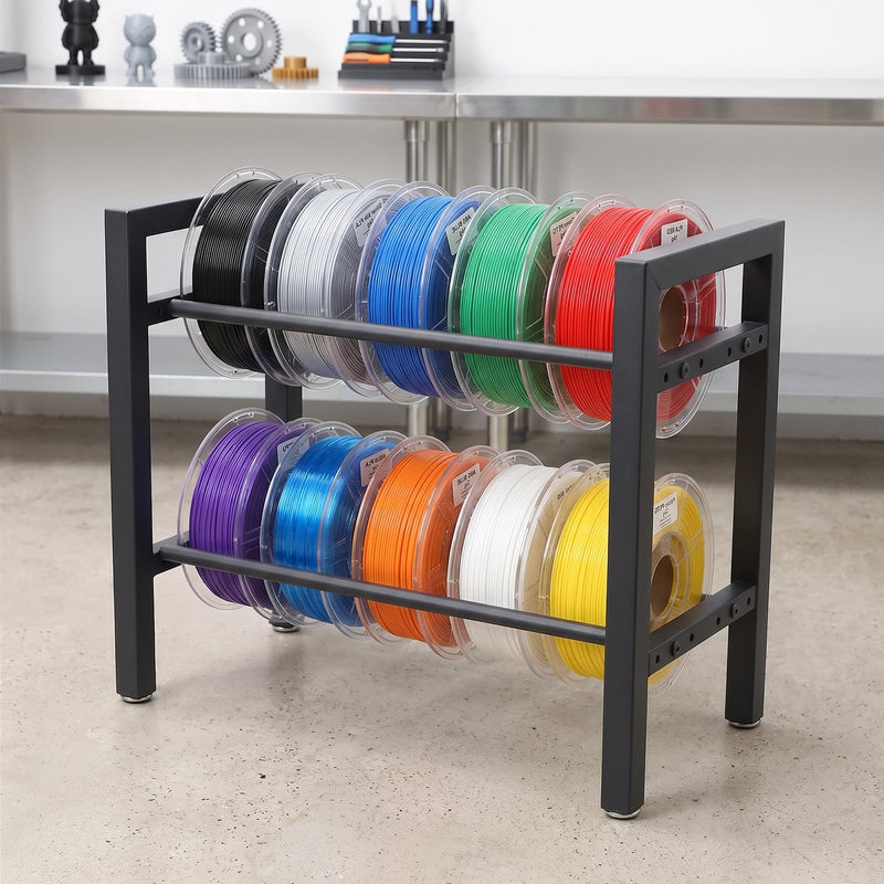 2-Tier Filament Storage Rack, Metal Rolling Spool Holder Stand, 3D Printer Filament Organizer Shelf for Tabletop,Holds up to 12×1kg Spools-Anti Slip- Ideal for Home, Office, Workshop