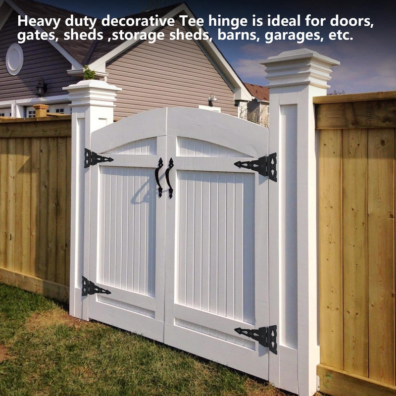 HOME MASTER HARDWARE 8 Inch Heavy Duty Decorative T Hinge Shed Storage Gate Barns Tee Hinges with Screws Black Finish 4 Pack
