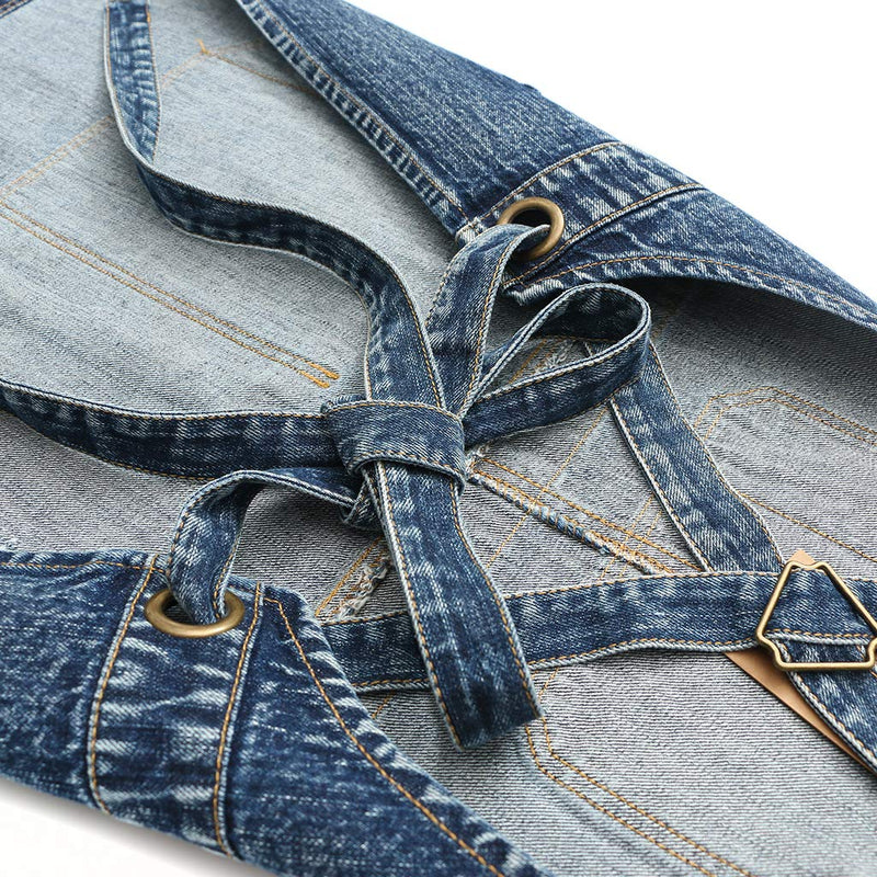 Jeanerlor Women's Cross Back Apron with Tool Pockets for Women Denim Work Teacher Aprons for Hair Stylist Cooking Kitchen (Blue) Adjustable S to M Medium Denim Blue