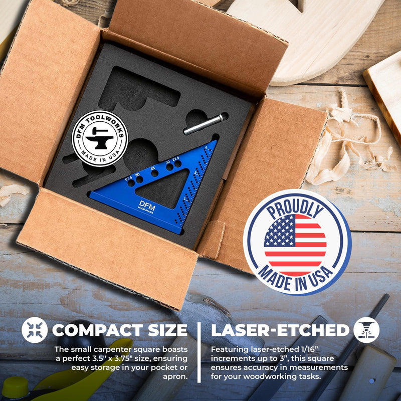 DFM Small Carpenters Work Tools w/Fixed Miter Angle Pin - Precision Woodworking - 3.5" x 3.75" Size for Pocket 1/16" Scribe Holes 5 x 1/4" Pin Holes - Made in USA - English Blue English - Blue
