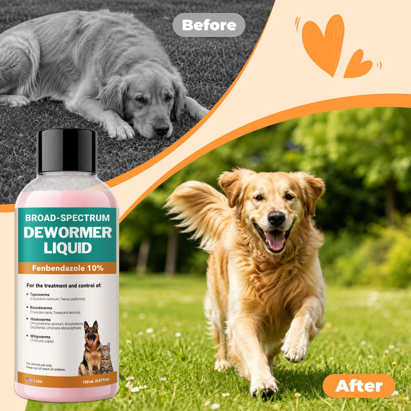 Dewormer for Cats & Dogs – Fenbendazole Liquid 10% – Removes Tapeworms, Roundworms, Hookworms & Whipworms Broad-Spectrum– 150ml Easy-to-Use