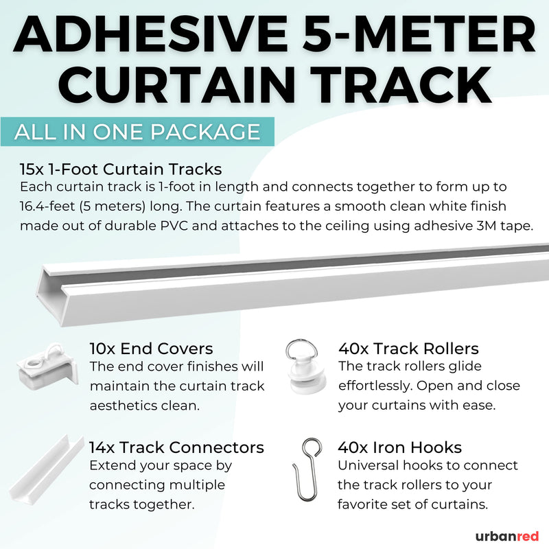 UrbanRed Self Adhesive Curtain Track 16.4FT (5m) for Smooth Ceiling Or Wall- No Drill, Screws, Ceiling Curtain Track, Curtain Rods, Ceiling Mount, Adhesive Curtain Rod (Non-Flexible) 5 Meters, 16.4 FT (Adhesive, Non-Flexible)