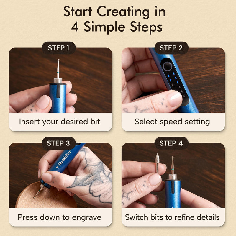 SketchPro Cordless Engraving Pen with LED Light – 3-Speed Precision Etching Tool for Wood, Metal, Glass & Plastic – USB-C Rechargeable, 26 Accessories – Ideal for DIY, Jewelry & Craft Projects