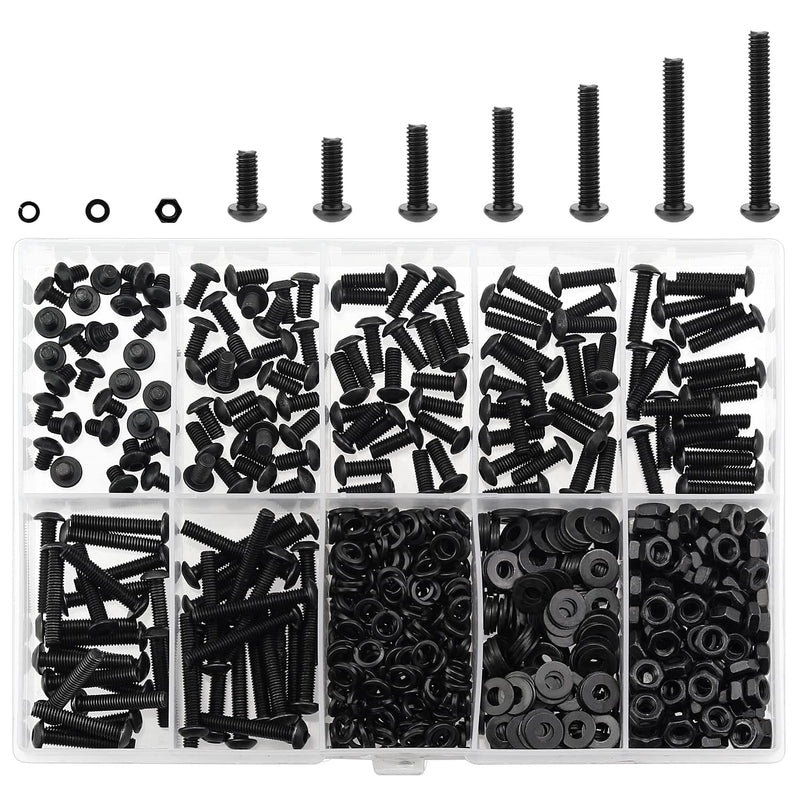 560 Pieces M3 x 5mm /6mm /8mm /10mm /12mm /16mm /20mm, Button Head Socket Cap Screws Bolts Washers Nuts Kit, 10.9 Grade Alloy Steel, Full Threaded, Black