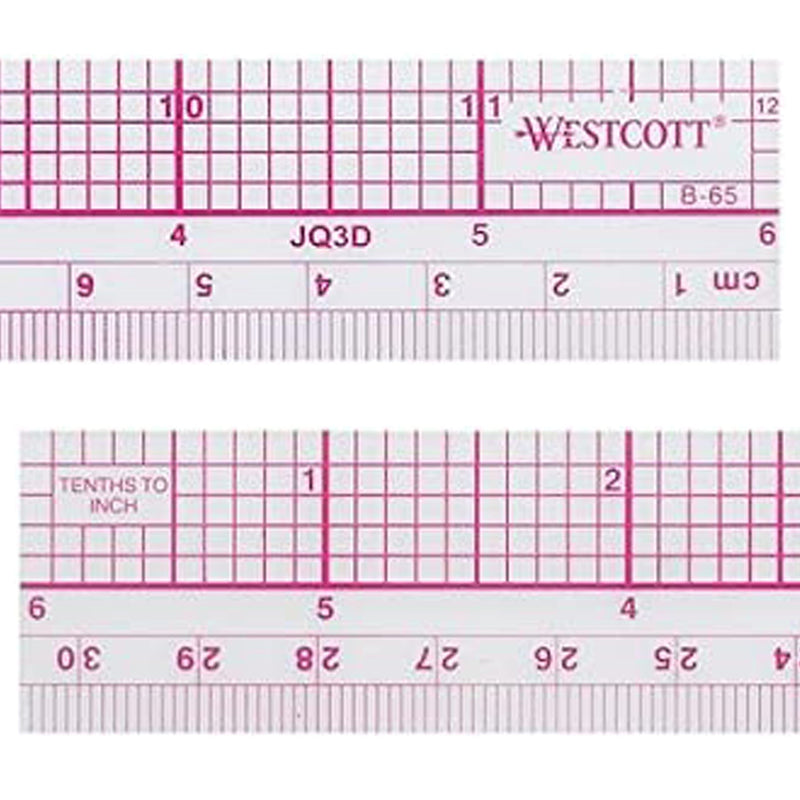 Westcott 10ths/Metric Beveled Ruler, 12-Inch/30cm (B-65), Clear 1 Count (Pack of 1)