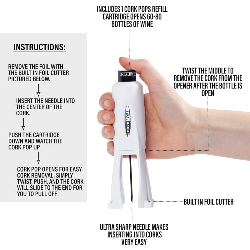 Cork Pops Legacy Wine Opener Built-in 4-Blade Foil Cutter Safe Cork Removal, Effortless Push Button Use, Needle Guard for Safety, Low-Pressure Cartridge Opens Up To 60 (White, With 1 Cartridge) White