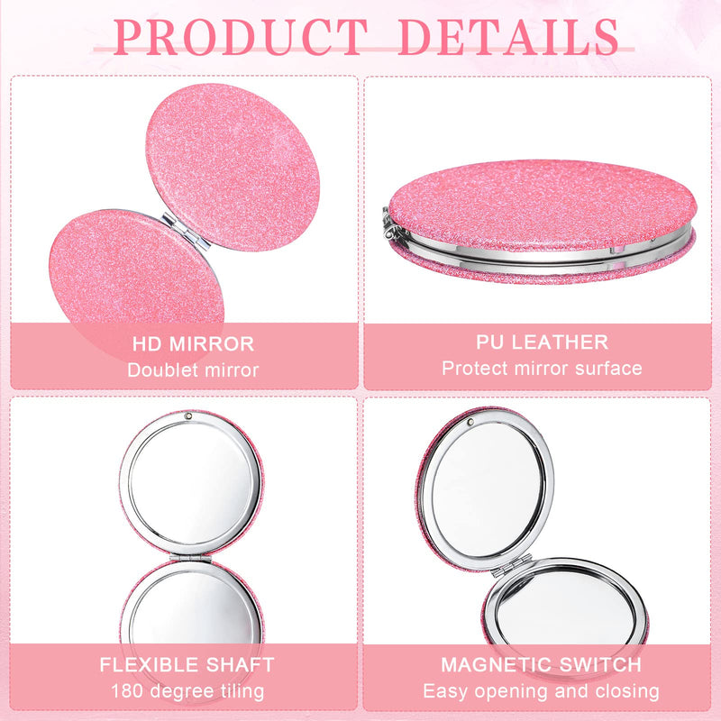 Weysat 12 Pcs Cute Pink Compact Mirrors for Women Galentine's Day, Small Magnifying Travel Makeup Mirror with Glitter, Mini Double-Sided Portable 2x/1x Magnification Folding Pocket, PU Leather, Gift
