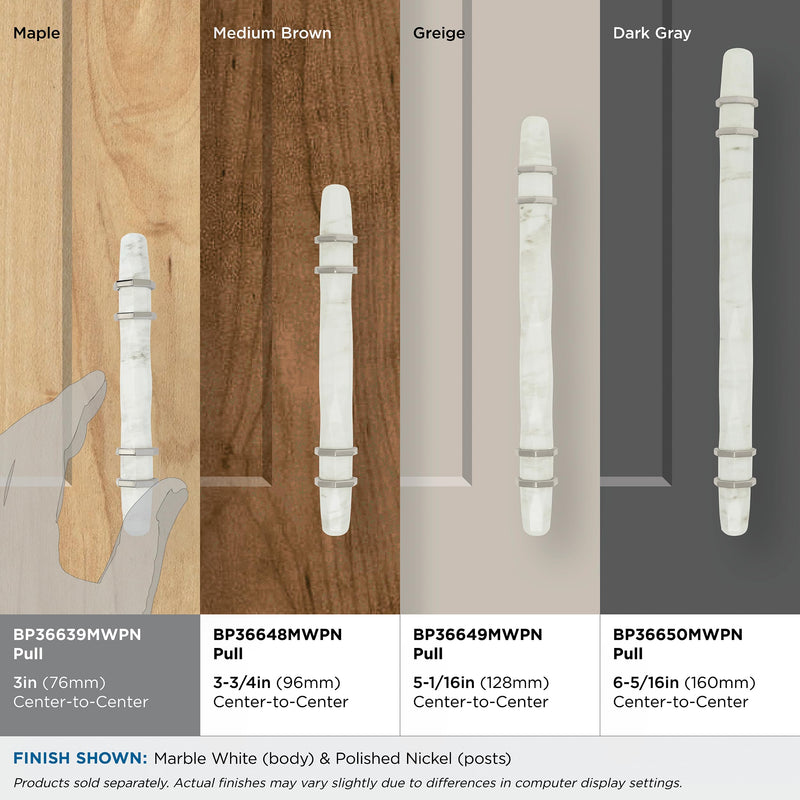 Amerock 3" Carrione Marble White/Polished Nickel Drawer Pull | 3 inch (76mm) Center-to-Center Mounting Distance and 5-7/16 inches Overall Length, Durable Zinc Cabinet Hardware 3 Inch (76 mm) Center-to-Center