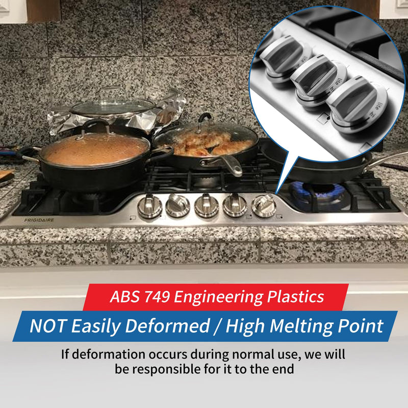 Upgraded A03546301/02/03 5304525746 5304504839 Gas Cooktop Knobs for Frigidaire Stove, Laser Engraving Sign Knob for Frigidaire Cooktop FFGC3026SS FFGC3626SS (Long Stem, Size:2.24IN, Material:ABS749) 5 Pack
