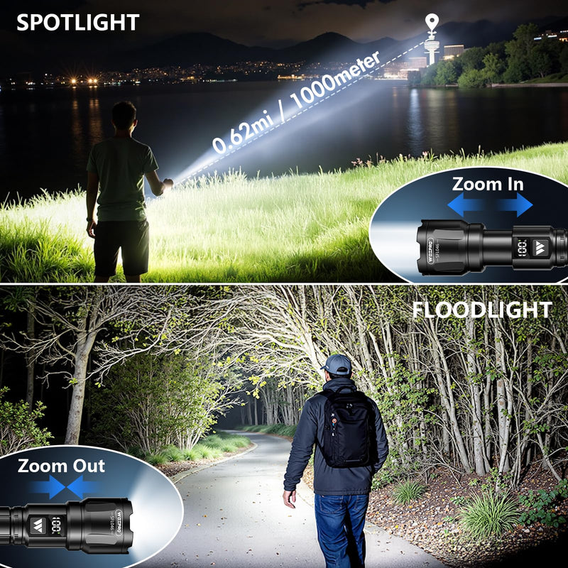 Wdtpro LED Rechargeable Flashlight 2Pack, 3Modes Super Bright High Lumens Flashlights, Zoomable Tactical Flashlight with LCD Display, IP65 Waterproof Flashlights for Home Emergency Camping & Gifts Men Black 2 PACK