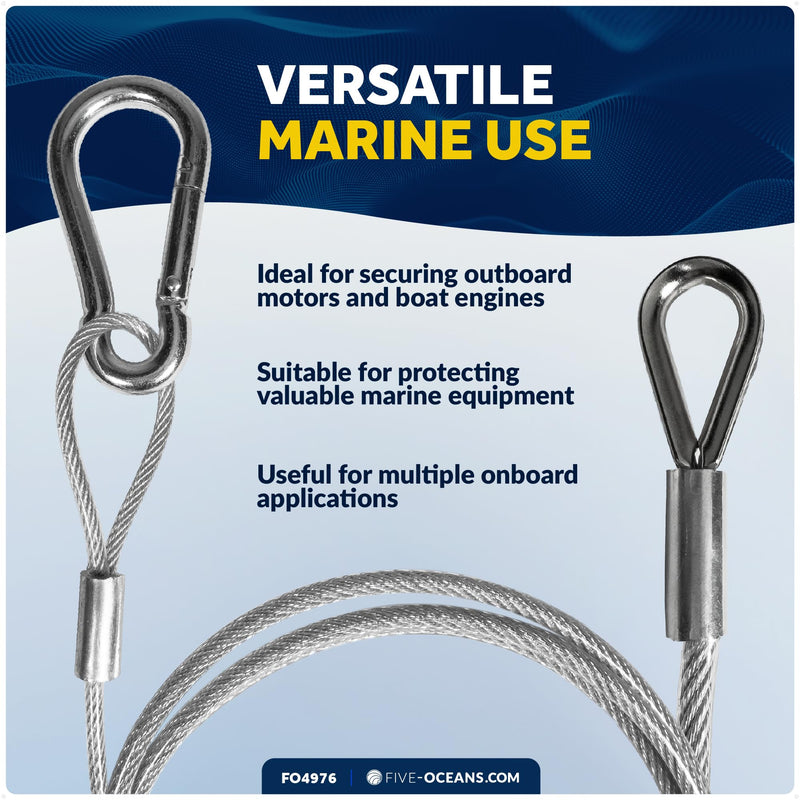 Five Oceans 4 Ft Outboard Safety Cable 3/16" with Snap Hook - Vinyl-Coated Steel - Security Cable for Boat Engine Brackets - FO4976