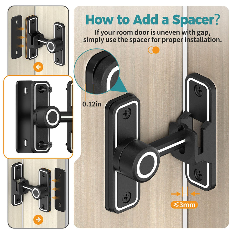 Barn Door Lock 2.4" 90/180 Flip Gate Latch, Luminous Black-4 Pcs