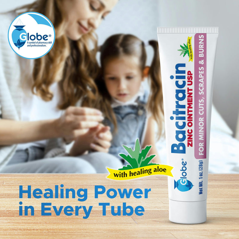 Globe (3 Pack) Bacitracin Zinc Ointment + Aloe 1oz - Maximum Strength Antibiotic for Wound Healing - Topical Medicated Solution for Cuts, Burns, Scrapes - Skin Infection & First Aid Essentials