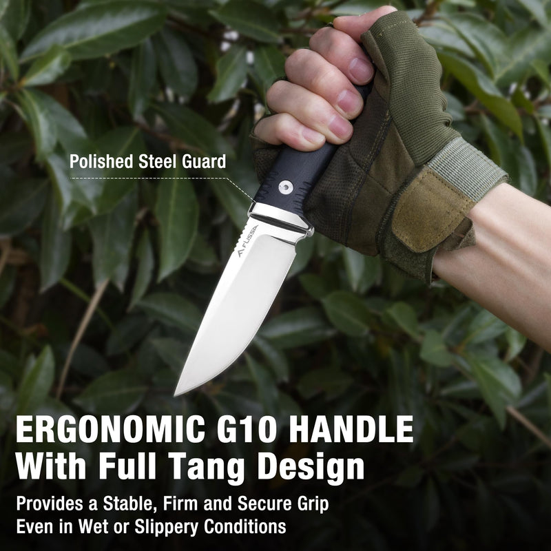 FLISSA Fixed Blade Knife with 3.7" Mirror Polished 14C28N Steel Blade, G10 Handle, Leather Sheath for EDC, Hiking, Camping, Fishing, Survival, for Men Women