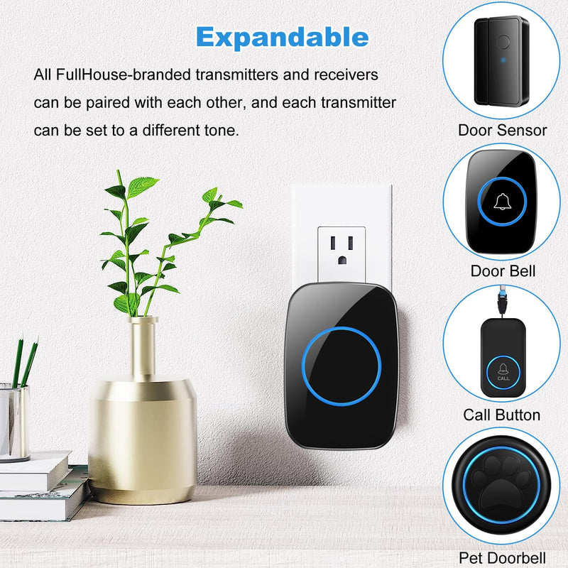 Wireless Doorbell, Waterproof Door Bell Kit, Distinguish Front and Rear Doors, Over 1000 feet Range and 60 Chime, 5 Levels Volume and LED Flash, for Home Office Classroom 2 Push Button + 2 Plug-In Receiver Black