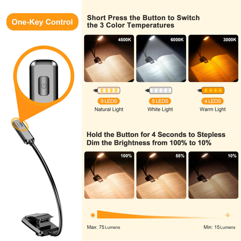 Gritin 9 LED Rechargeable Book Light for Reading in Bed - Eye Caring 3 Color Temperatures,Stepless Dimming Brightness,80 Hrs Runtime Small Lightweight Clip On Book Reading Light for Studying Black
