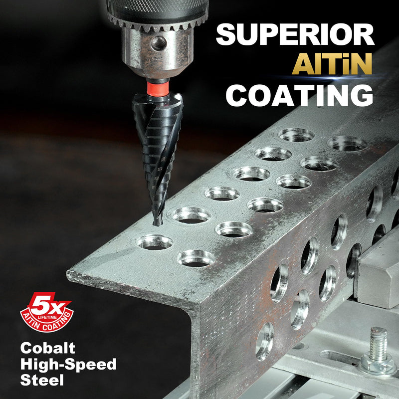 EZARC Step Drill Bit for Metal (1/4"- 1-3/8")，M35 Cobalt Step Drill Spiral Flute Unibit Wear-Resistant AlTiN Coated, 5/16" Thickened and 1/4" Hex Shank for Stainless Steel, Aluminum, Plastic 1/4"- 1-3/8"