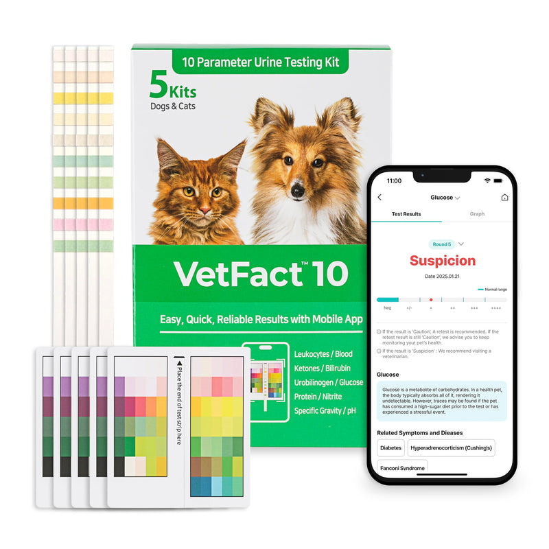 [5Kits] Free Mobile App 10 Parameter Urine Test Strips for Cat & Dog, Cat & Dog UTI Test Strips at Home ; Glucose, Specific Gravity, pH, Ketone, Protein & More 5 Count (Pack of 1)