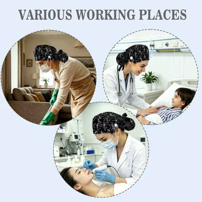 Ponytail Scrub Cap for Women - Surgical Caps with Breathable Fabric,Comes with a Matching Bow Scrunchie Hair Tie Black Skull