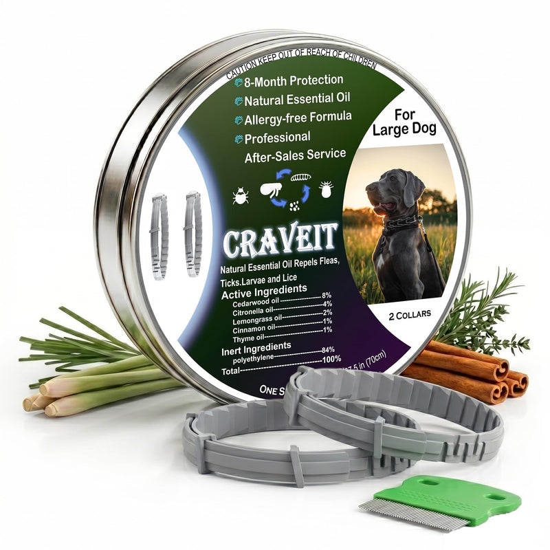 Craveit Dog Flea Collar, 2 Pack Flea Collar for Dogs Large, Gentle Plant-Based Tick Repellent for Large Dog, Waterproof & Adjustable, 8-Month Long-Lasting Defense
