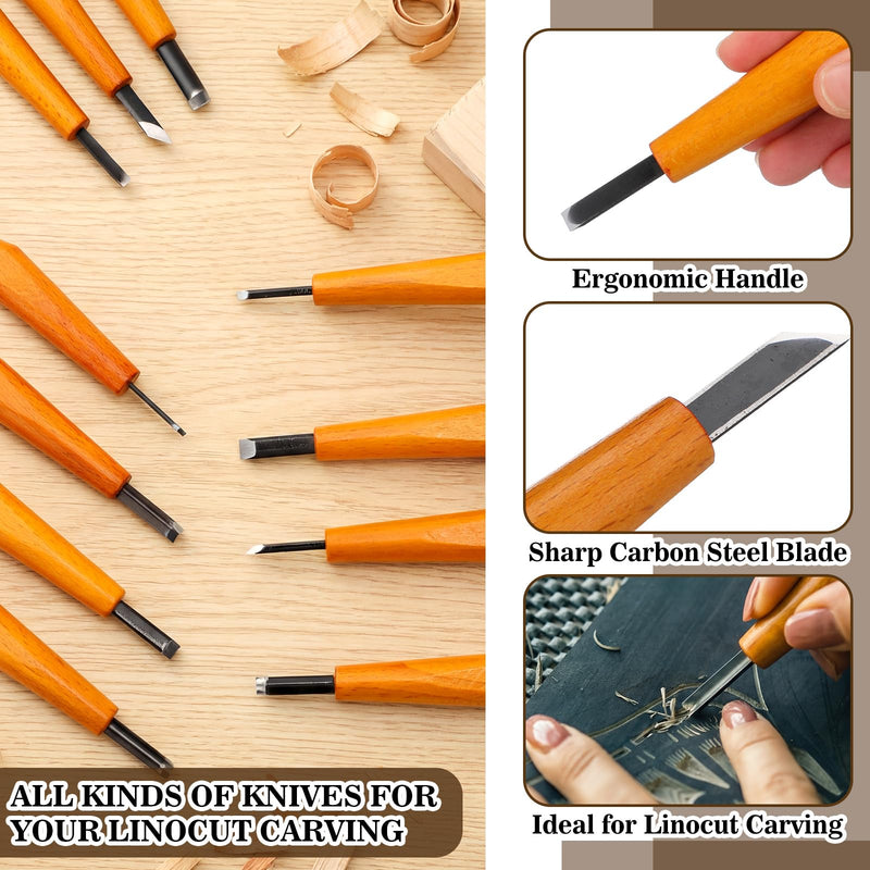 20 Pcs Linocut Carving Tools Set Triangular Flat Slanted Half-round Linocut Tools Carving Knife Chisel Kits for Woodworking Printmaking DIY Stamp Sculpture Beginner Sculpture