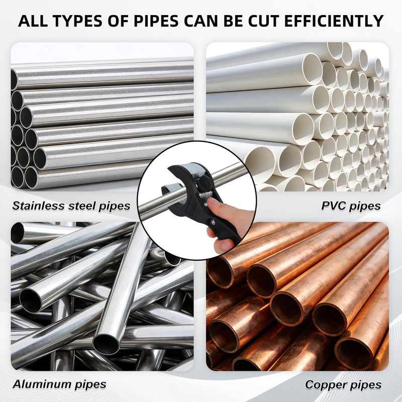 Ratchet Pipe Cutter Tool for 5/16"-1-1/8" (8-29mm) Copper Stainless Steel & PVC Pipes, Compact Adjustable Ratchet Tube Cutter with Deburring Tool & 4 Replacement Blades for Tight Spaces
