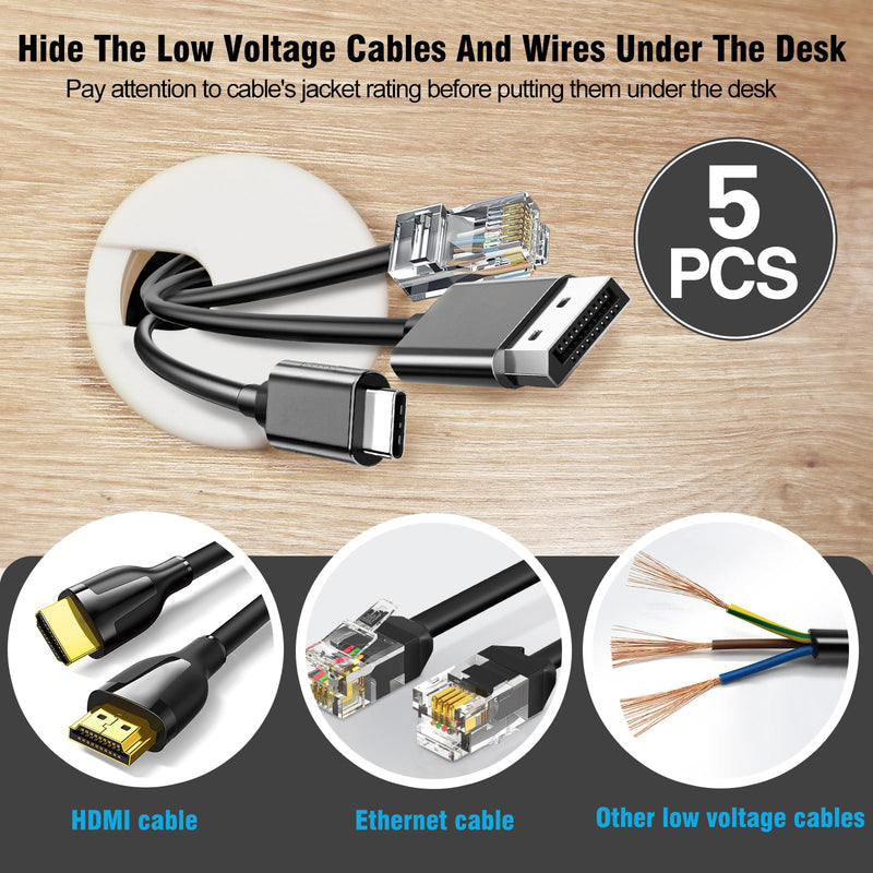 1-1/2" White Desk Grommet, JTemgle Plastic Cable Hole Cover Computer Table Cord Wire Organizer Caps Desktop Cord Management for Home Office TV Stands Tabletops, 5 Pieces 1-1/2" / 38mm