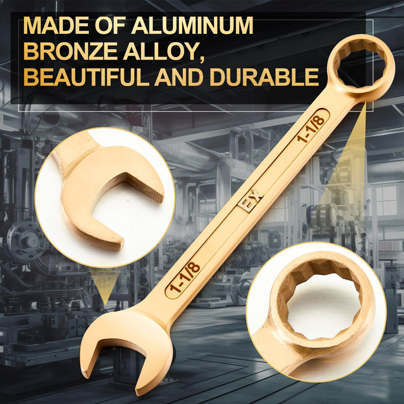 Hicarer 1-1/8" Non-sparking Combination Wrench Non-magnetic Wrench 275 mm Length Aluminum Bronze Combination Spanner for Flammable and Explosive Environment Technician Electrician Die-forged 1-1/8"