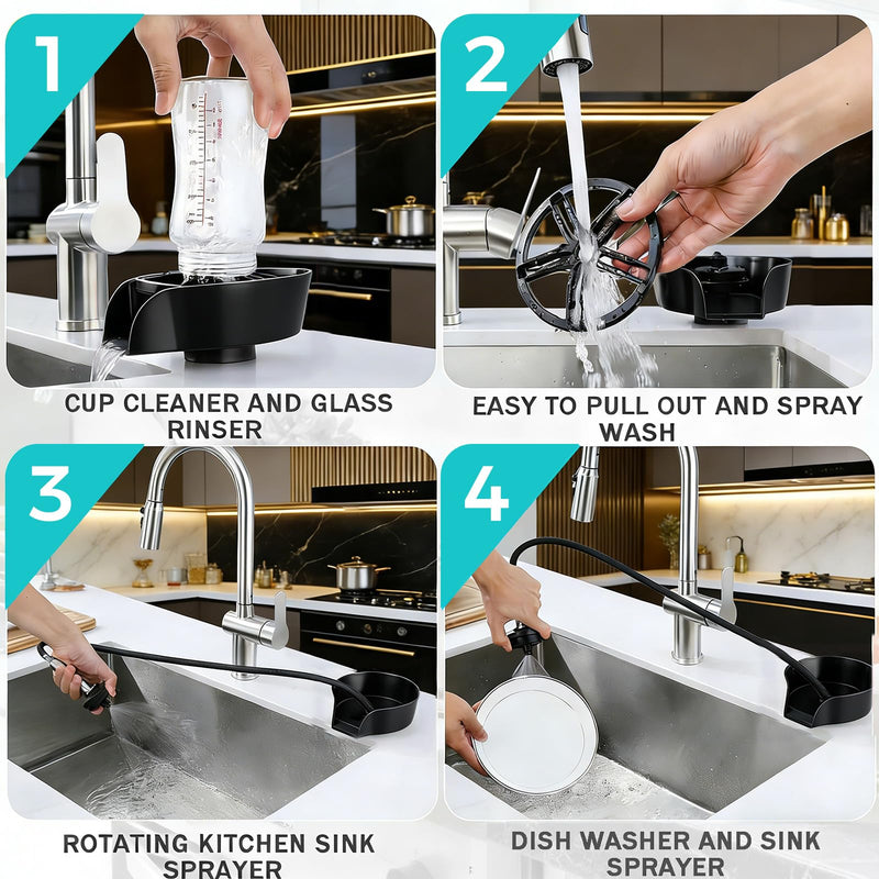 Glass Rinser for Kitchen Sink, Cup Cleaner Sink Attachment, Cup Rinser for Sink High Pressure Cup Washer with Pull-out Spray, Bar Cafe Restaurant Bottle Rinser, 360 Degree Rotating Quick Clean (Black) Black