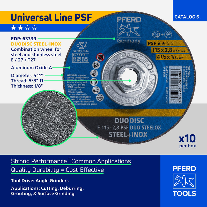 PFERD 4-1/2" PSF DUODISC STEELOX Combination Cutting and Grinding Wheel - Type 27, Aluminum Oxide, 1/8" Thick, 5/8-11 Thread, 13300 RPM (Pack of 10) - Part 63339