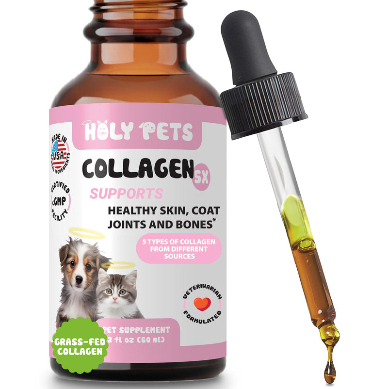 Premium Grass-Fed Liquid Collagen for Dogs & Cats – 5 Types I, II, III, V, X – Joint, Skin & Coat Support – Hyaluronic Acid – Hydrolyzed Bovine, Fish & Chicken Collagen – 2oz, 30 Servings