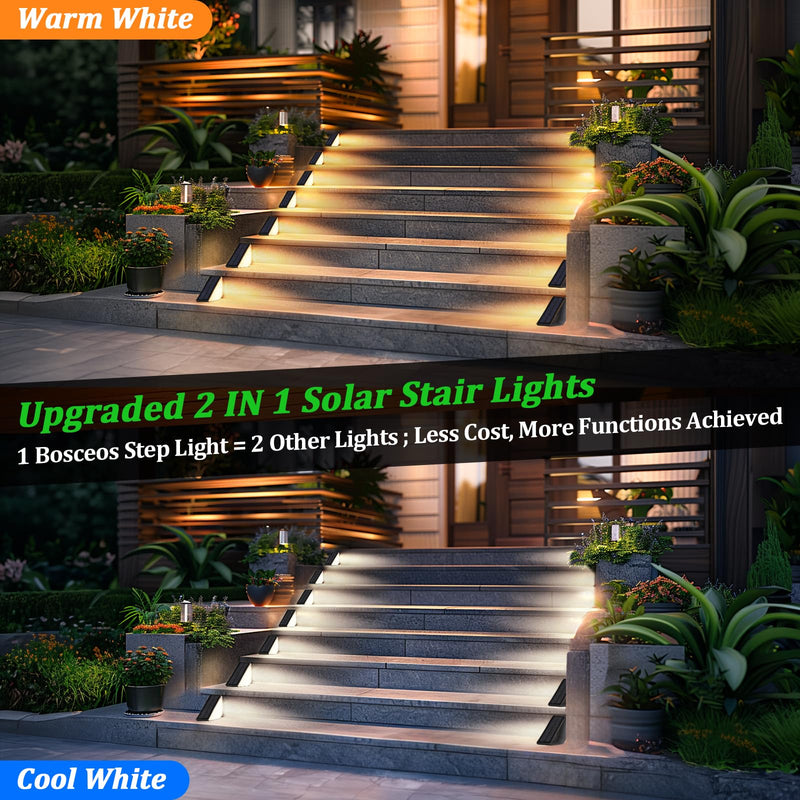 6 Pack Solar Stair Lights for Outside, Upgraded 2-in-1 Solar Powered Step Lights Waterproof IP67, Warm White/Cool White, Auto On/Off Outdoor Light for Deck Patio Front Porch Garden Walkway Yard 6-Pack