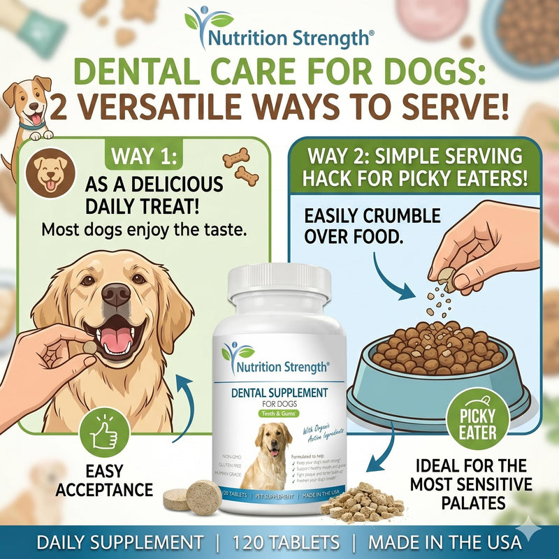 Dental Care for Dogs - Natural Plaque & Tartar Remover for Teeth - Fresh Breath Dog Supplement with Organic Kelp, Strawberry Leaf & Pumpkin Seed for Gum Health - 120 Tablets
