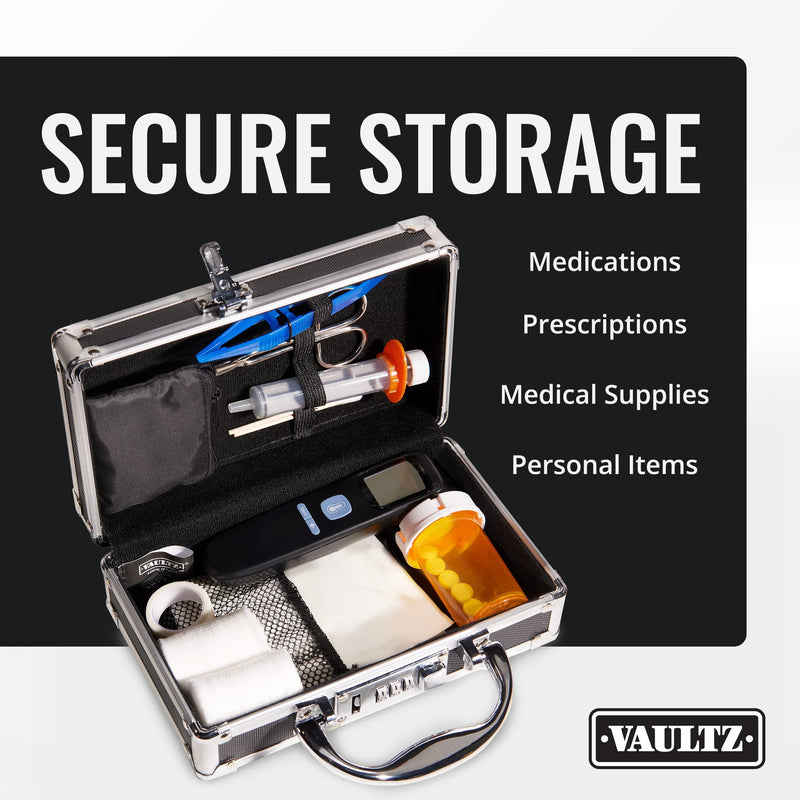 Vaultz Medicine Safe Case w/Combination Lock - Pack of 1 Cases, 8.35 x 5 x 2.5" - Black