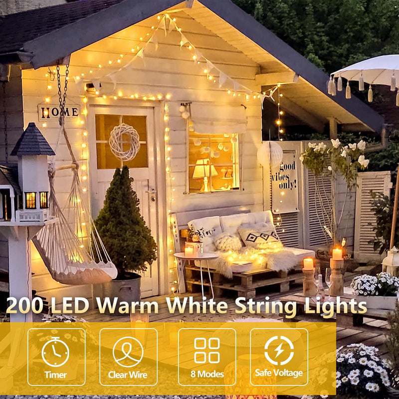 Extra-Long 66FT Christmas Lights Outdoor/Indoor, 200 LED Super Bright String Lights for Bedroom, Waterproof 8 Modes Plug in Twinkle Fairy Lights for Classroom Christmas Tree Decorations (Warm White) Warm White 200LED
