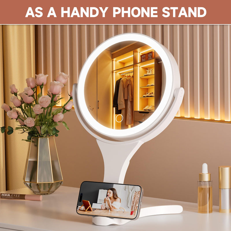 Hasipu Portable Travel Makeup Mirror with Lights – 360° Rotating with 1X/10X Magnifying, Rechargeable Tabletop Handhold Hanging 3 in 1 Mirror (White) White