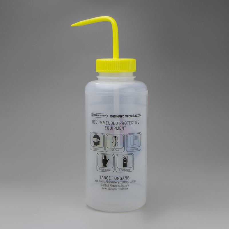 SP Bel-Art GHS Labeled Safety-Vented Isopropanol Wash Bottles; 1000ml (32oz), Polyethylene w/Yellow Polypropylene Cap (Pack of 2) (F12432-0008) Made in USA