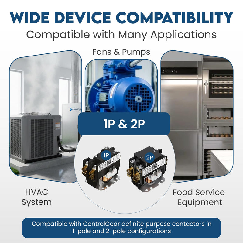 2 Pole Definite Purpose Contactor 24V Coil, 40 Amp Definite Purpose, UL Recognized and Approved for use with A2L Refrigerants, Line Lugs, Load Screws, ControlGear DW402A-11 (2P 40A 24V Coil) 2P 40A 24V coil