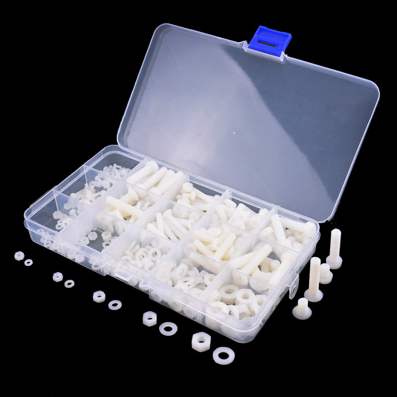 M2 M2.5 M3 M4 M5 M6 Nylon Screws Nuts Washers Assortment Kit with Screw Storage Box(420PCS)
