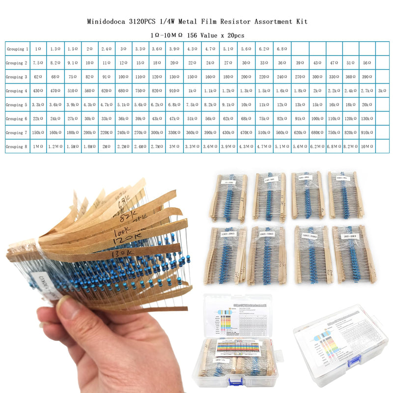 3120pcs 156 Values Metal Film Resistor Kit Minidodoca 1 Ohm-10M Ohm 1/4W 0.25 watt ±1% Tolerance Fixed Resistors Assortment Kit RoHS Compliant 100 1000 1k 10k 100k ohm Resistor Pack for DIY Projects 1/4 watt-156 values-3120pcs