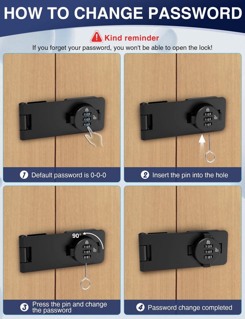 Keyless Cabinet Combination Lock, 3-Digit Password Twist Knob Hasp Latch for Doors, Cabinets, Drawers, Barn Door, Bathroom, Outdoor, Closet, Fence, Durable Zinc Alloy, (Black, 1 Pack) Black