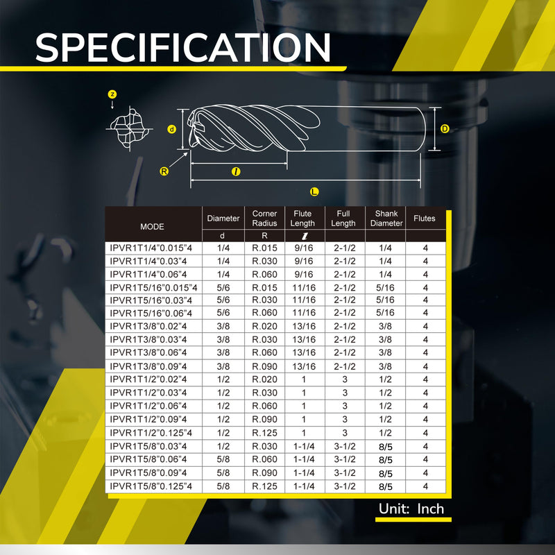 SPEED TIGER Carbide Corner Radius End Mill - 4 Flute - IPVR1T3/8 0.06" 4 (1 Piece, R0.06, 3/8") - Unequal Flute Spacing & Helix Design - for Titanium - Mill Bits Sets for DIYers & Professionals 3/8 in