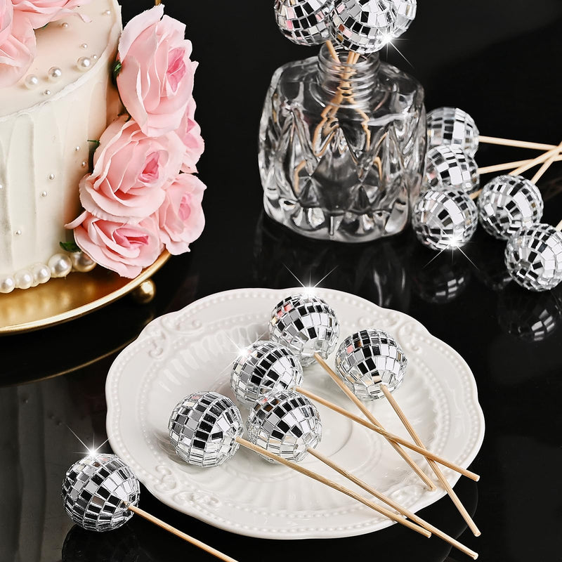JOERSH 24pcs Disco Ball Cupcake Toppers - 1970s Disco Ball Picks Disco Theme Cake Decorations for Disco Theme Party 70s Disco Party Favor Silver